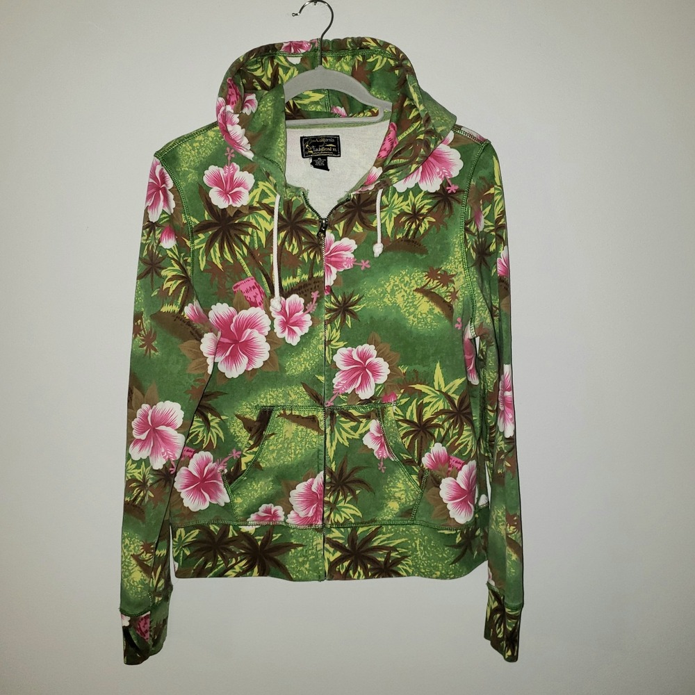 VTG Lucky Brand California Tropical Zip Up Hoodie XL Y2K Hawaiian Coconut Girl